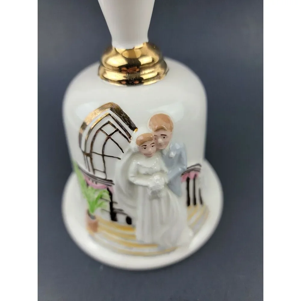 Vintage Wedding Bell Bride Groom Artisan Ceramic Porcelain Gold Trim Clapper